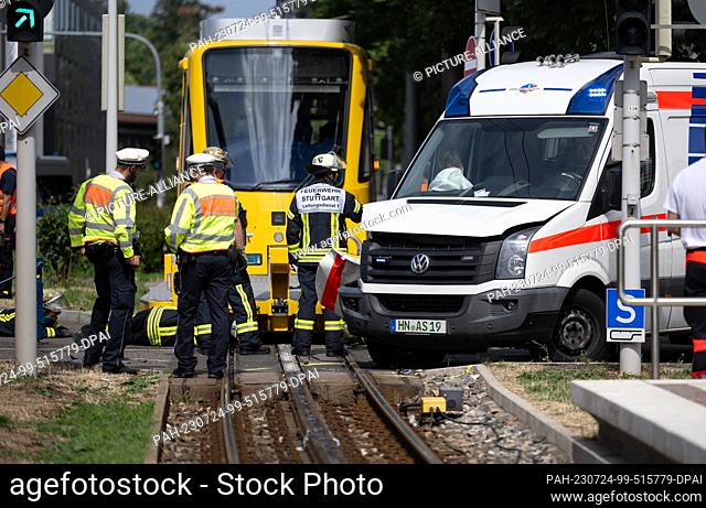 24 July 2023, Baden-Württemberg, Stuttgart: The rack railroad and an ambulance are on the track of the so-called ""Zacke"" after a collision in the district of...