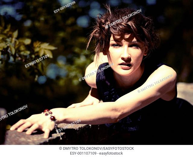 pretty young woman, portrait outdoor shot, polaroid film stylization