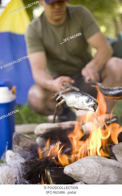 Man grilling fish over camp-fire