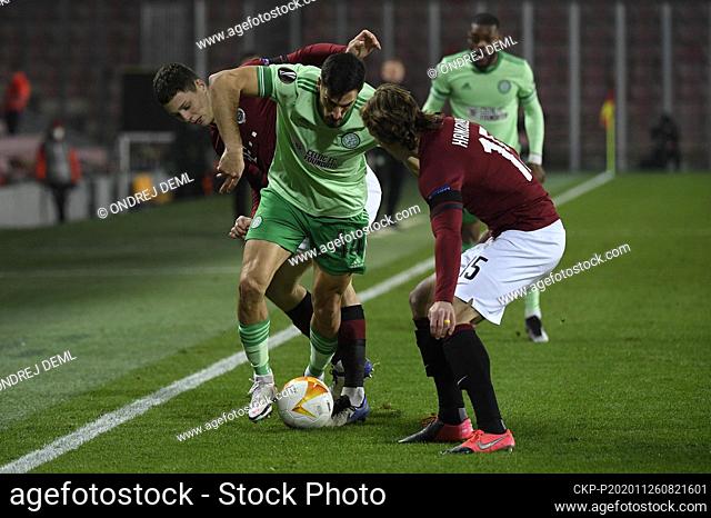 L-R Ladislav Krejci of Sparta, Hatem Elhamed of Celtic and Matej Hanousek of Sparta in action during the UEFA Europa League, 4th round