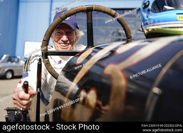 19 September 2023, Baden-Württemberg, Sinsheim: Former racing driver Leopold Prince of Bavaria sits in the ""Brutus"" racing car at the Sinsheim Museum of...
