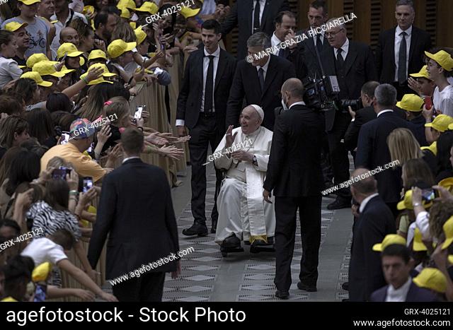 Vatican City, Vatican, 17 September 2022. Pope Francis leaves on wheelchair after an audience with pilgrims coming from the Italian cities of Alessandria and...