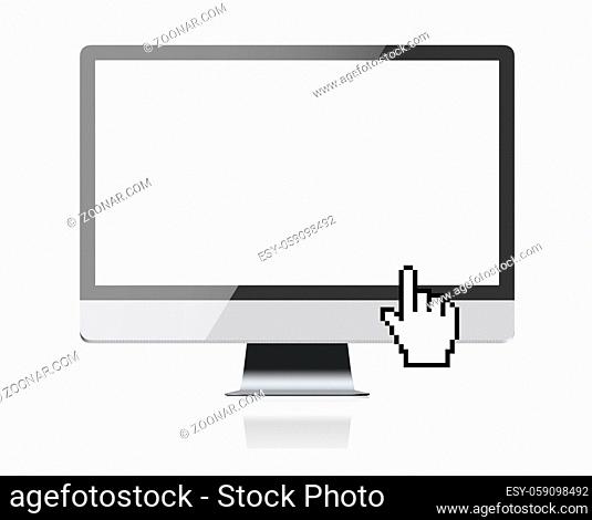 New monitor computer retina display with blank screen and hand cursor. Isolated on a white background