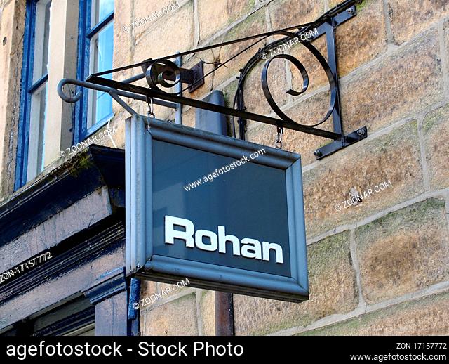 hebden bridge, west yorkshire, united kingdom - 22 may 2021: sign above a rohan outdoor clothing store in hebden bridge
