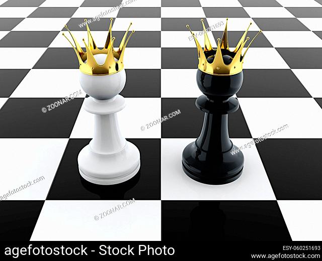3D render of black and white pawn kings on chessboard