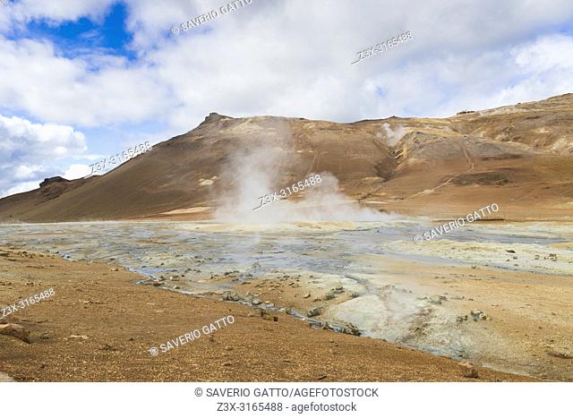 Landscape at Hverir, red sulphurous soil with fumaroles