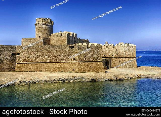 View of the scenic Aragonese Castle, aka Le Castella, on the Ionian Sea in the town of Isola di Capo Rizzuto, Italy