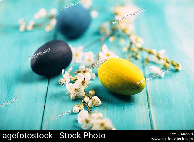 Hand painted colorful easter eggs decorated with spring cherry blossoms on wooden background