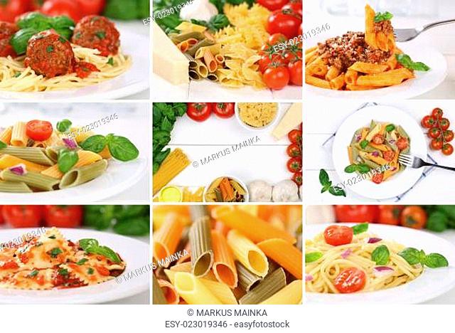 Collage mit Zutaten für ein Spaghetti Pasta Nudel Gericht mit Tomaten