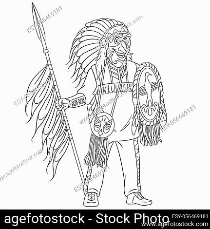 Coloring page. Cute cartoon native american indian warrior with a spear,  Stock Vector, Vector And Low Budget Royalty Free Image. Pic. ESY-056469181  | agefotostock