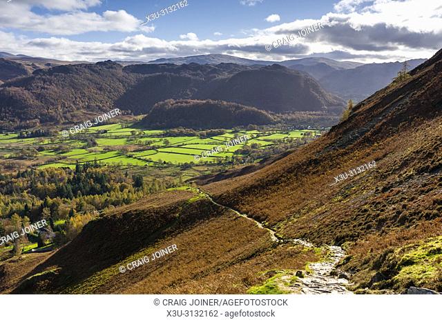 The footpath to Catbells overlooking the Borrowdale Valley and Grange Fell beyond. Lake District National Park, Cumbria, England