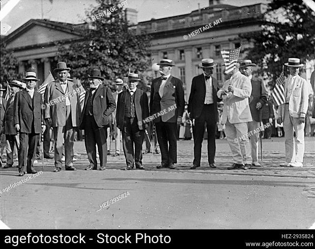 Draft Parade - Senators: Chamberlain; J.H. Bankhead; Knute Nelson; Hardwick; Warren; Lodge.., 1917. Creator: Harris & Ewing