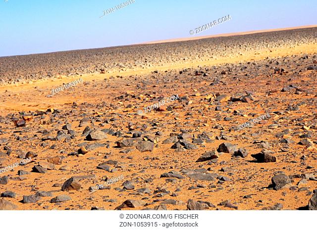 Steinreiche Hammada Wüstenlandschaft auf dem Plateau Mesak Settafek, Fezzan Libyen / Stone-covered Hammada desert on the Mesak Settafek plateau, Fezzan, Libya