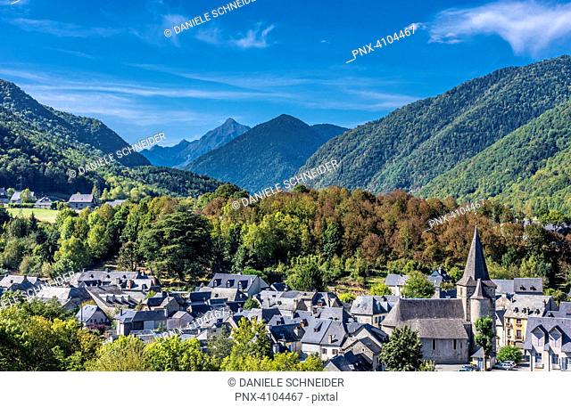 France, Hautes-Pyrenees, view on Arreau and on the Aure valley (Saint James way)