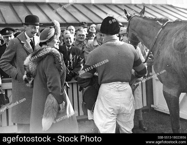 Monaveen Wins for the Queen -- The Queen, with Lord Mildmay, in the paddock of Hurst Park race course today, looking at Monaveen