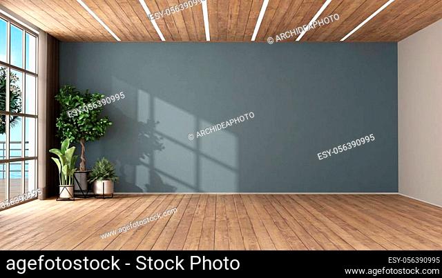 Empty room with plants, blue wall. wooden ceiling and led lighton wooden ceiling -3d rendering