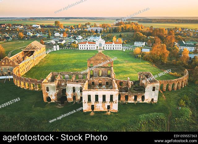 Ruzhany, Brest Region, Belarus. Cityscape Skyline In Autumn Sunny Evening. Bird's-eye View Of Ruzhany Palace. Famous Popular Historic Landmark