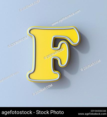 Yellow cartoon font Letter F 3D render illustration isolated on gray background