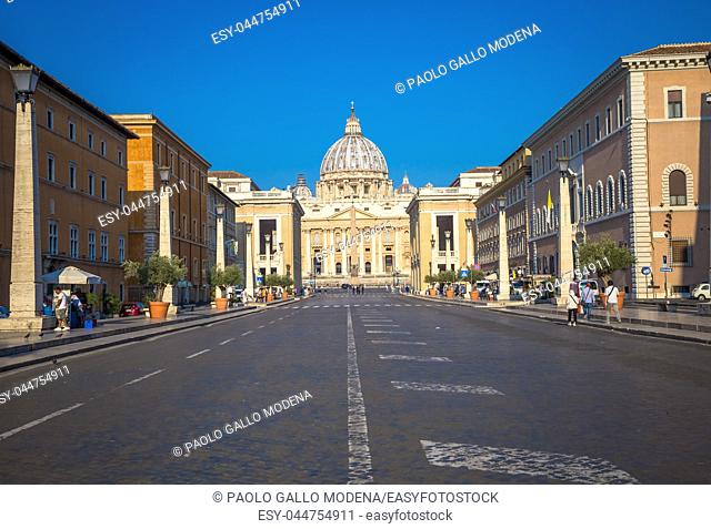 ROME, VATICAN STATE - AUGUST 20, 2018: Saint Peter Cathedral in Vatican with the famous Cupola, early morning daylight and still few tourists