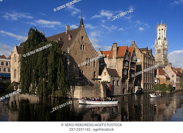 The Belfry of Bruges, Belfort (Medieval Bell Tower), Rozenhoedkaai, Bridge over Dijver Canal. Belfry Tower And Dijver Canal