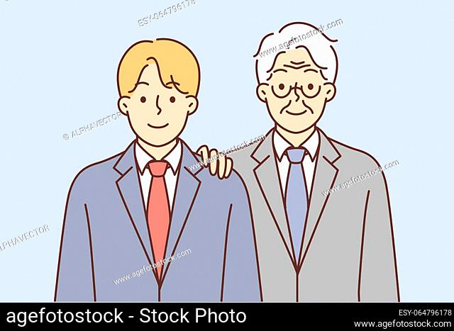 Young and old man in business suits symbolize succession of generations and inheritance of managerial positions. Rich successful grandfather wants to leave own...