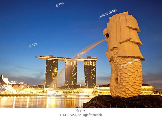 Asia, Singapore, Merlion Statue, Merlion, Marina Bay Sands, Hotel, Hotels, Casino, Casinos, Night View, Night Lights, Illumination, Tourism, Holiday, Vacation