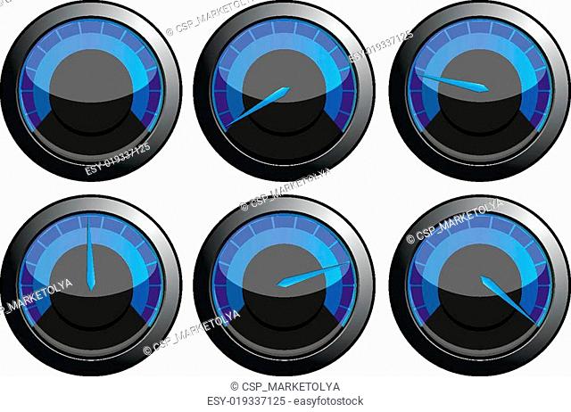 Set of blue speedometers for car or power or termometers, vector illustration
