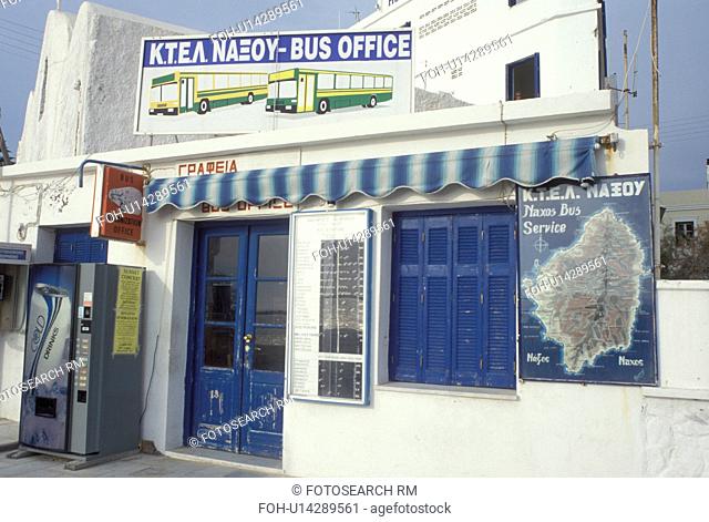 Naxos, Greece, Greek Islands, Cyclades, Europe, Bus Station in the village of Hora Naxos on Naxos Island on the Aegean Sea