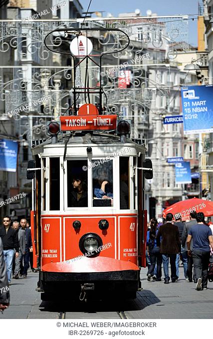 Historic tram, Istiklal Caddesi shopping street, Independence Street, Beyoglu, Istanbul, Turkey, Europe, PublicGround