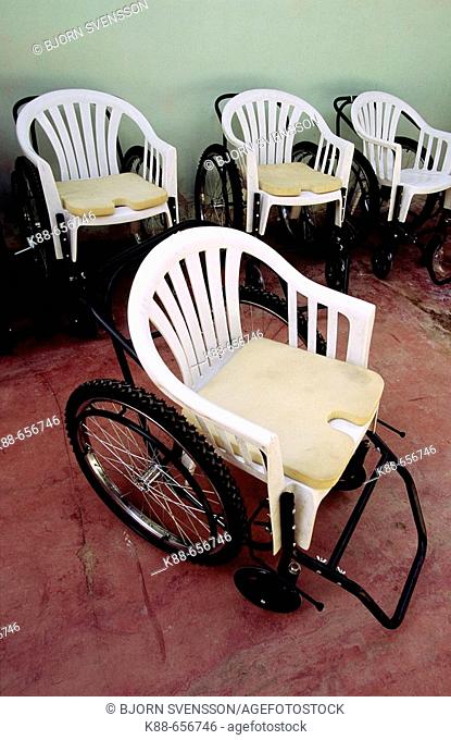 Wheelchairs made by recycled outdoor furniture. Angamos, Loreto, Peru