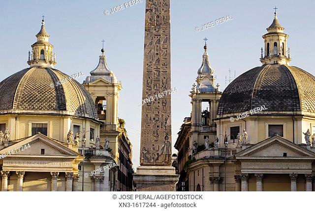 Santa Maria dei Miracoli, Santa Maria di Montesanto, An Egyptian obelisk of Sety I later erected by Ramsés II II from Heliopolis, Piazza del Popolo, Rome, Italy