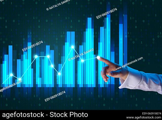 holographic graph with growing indicators and a woman's hand. Business growth concept, profitable startup, profitable business strategy