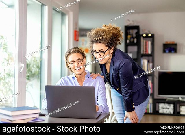 Two businesswomen with laptop on table at home