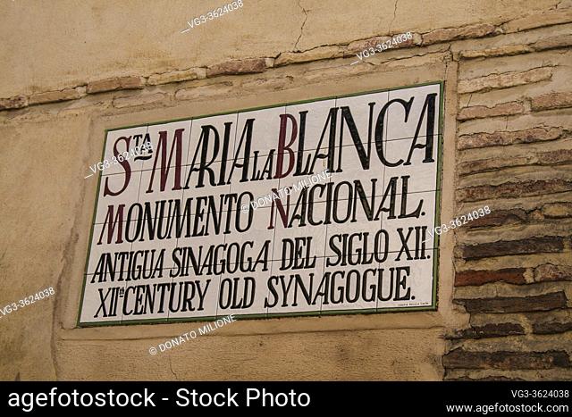 Toledo, Castilla-La Mancha, Spain, Europe. Sinagoga de Santa María la Blanca (Synagogue of Saint Mary the White), 12th Century. The plaque