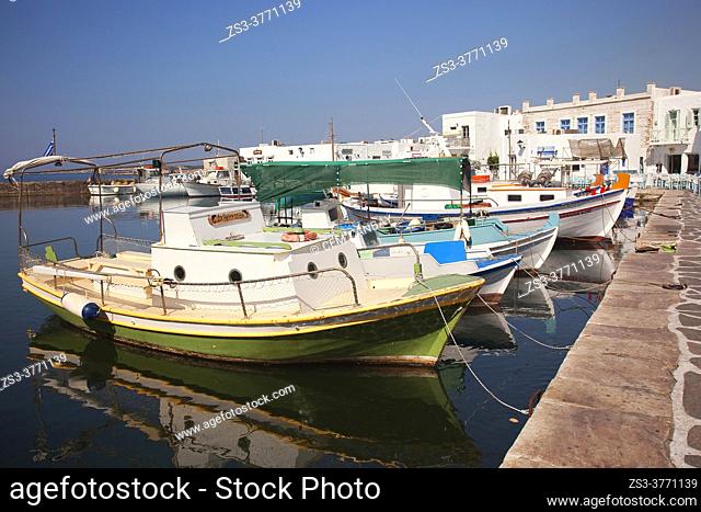 Traditional fishing boats at Naoussa port, Paros Island, Cyclades Islands, Greek Islands, Greece, Europe