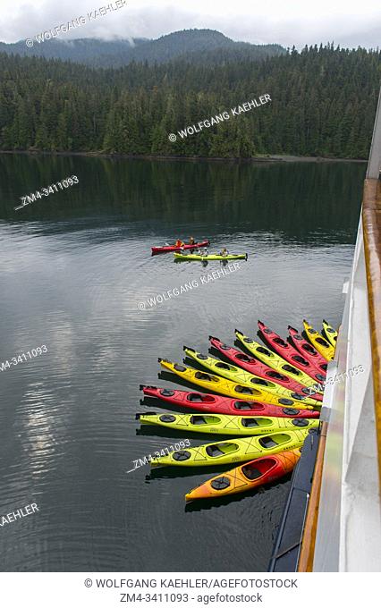 Kayaks at the cruise ship Safari Endeavour in Windham Bay, Stephens Passage, in Alaska near Juneau, Tongass National Forest, Alaska, USA