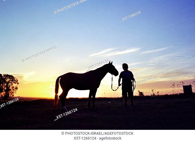 Silhouette of a man and his horse at sunset