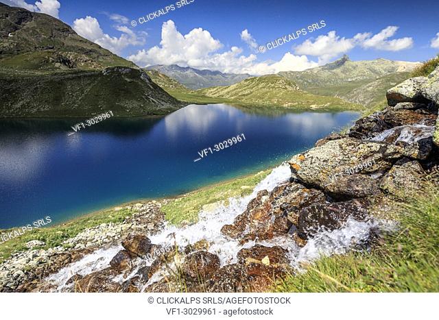 Water flows on mountain rocks, Leg Grevasalvas, Julierpass, Maloja, canton of Graubünden, Engadine, Switzerland