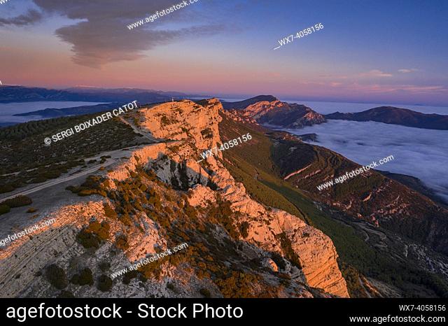Sunset from the Sant Alís summit, the highest peak of Montsec d'Ares. Aerial view (Lleida province, Catalonia, Spain, Pyrenees)