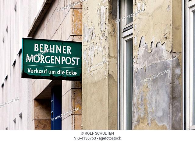 GERMANY, BERLIN, : Old metal plate of a newspaper kiosk with advertising for the newspaper Berliner Morgenpost in Kreuzberg