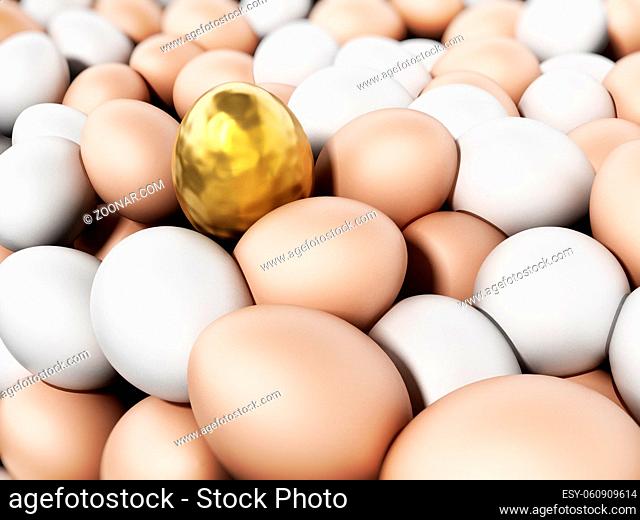 Golden egg standing out among brown and white eggs. 3D illustration