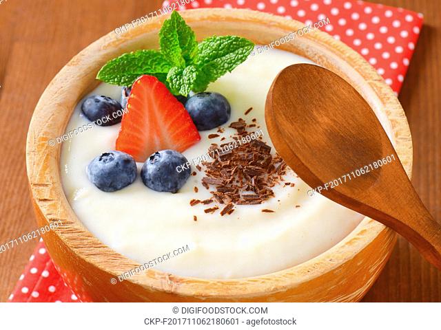 bowl of semolina pudding with fresh fruit - detail