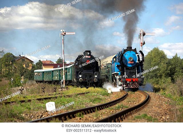 steam trains from Krupa station, steam locomotive called Parrot 477 043 and locomotive 464 102, Czech Republic