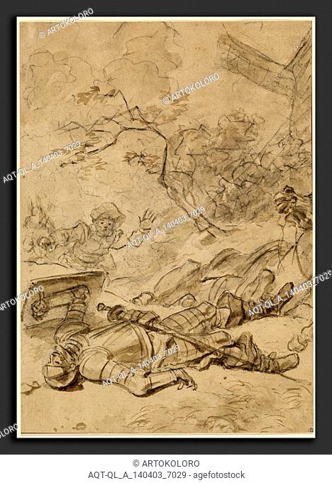 Jean-Honoré Fragonard, Don Quixote Defeated by the Windmill, French, 1732 - 1806, 1780s, brush with brown and gray washes over charcoal on laid paper
