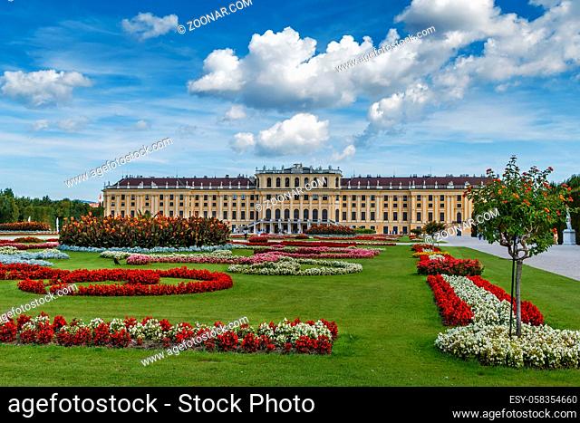 Schonbrunn Palace is a former imperial Rococo summer residence in Vienna, Austria. View from garden