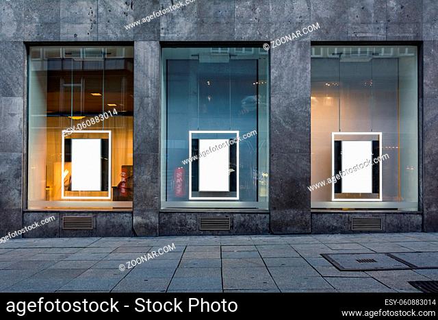 Three Blank Advertisements Shop Window Isolated White Stone Building Wall Public Mock Up