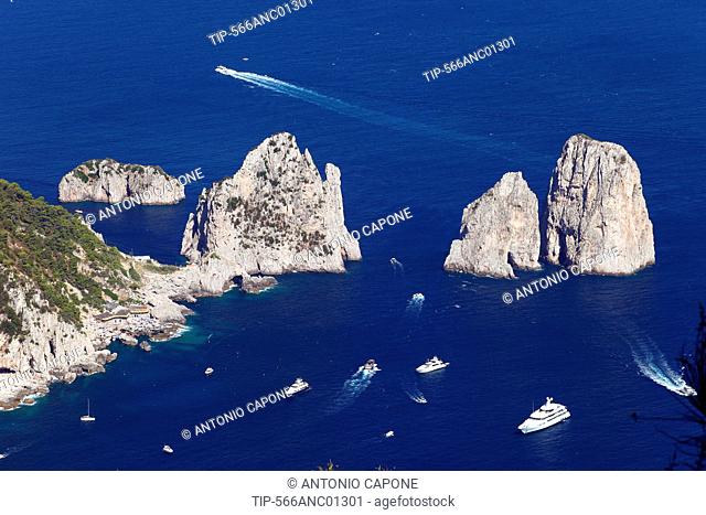 Italy, Campania, Capri, View of the Faraglioni from Mount Solaro