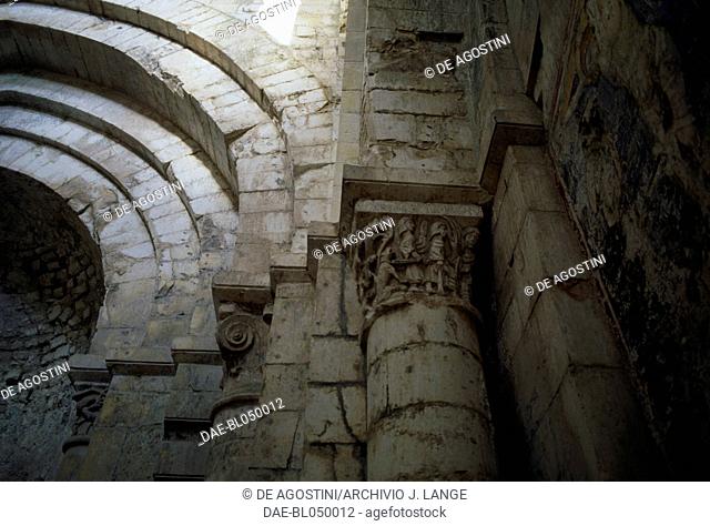 Capitals on the pillars in the Church of St Maria Maggiore, Monte Sant'Angelo, Apulia. Italy, 12th century