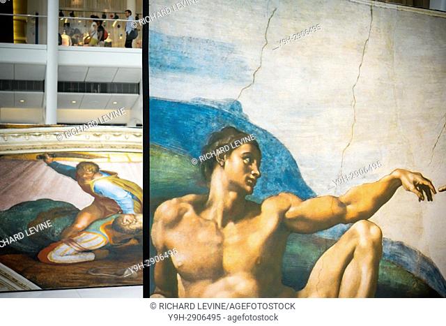 Near life-size reproductions of Michelangelo's Sistine Chapel frescoes are seen on display in the Oculus in the World Trade Center Transportation Hub in New...
