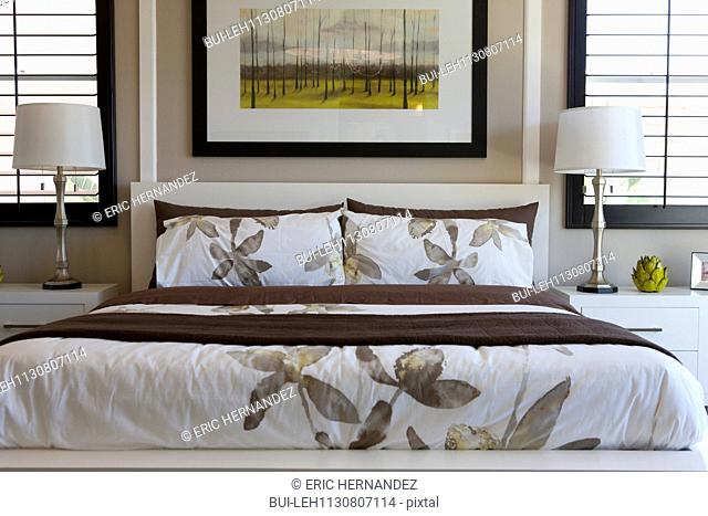 Interior of contemporary bedroom; Valencia; California; USA